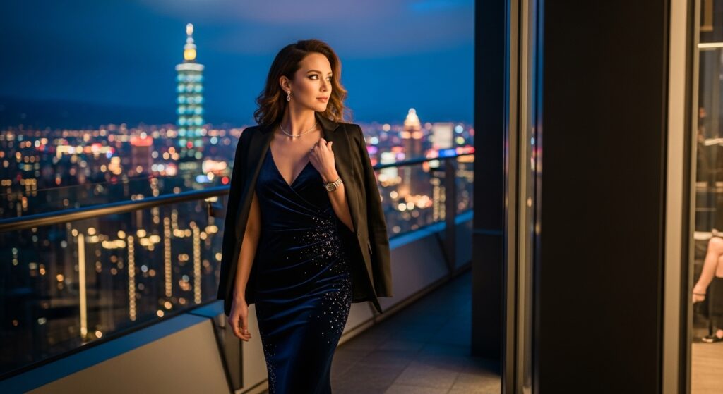 酒店治裝與穿搭示意圖，專業女性在夜景背景