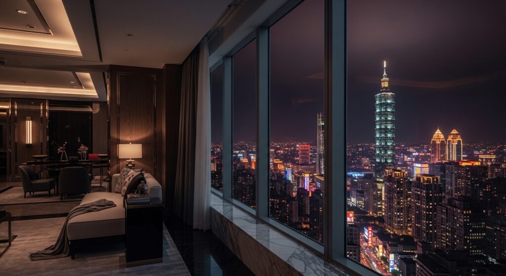 經紀人跑路情境下的台北夜景與酒店經紀專業風格