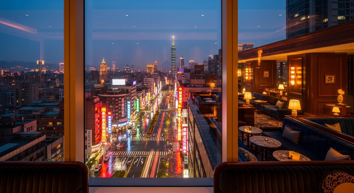 酒店經紀產業專業形象示意圖，結合夜景與商務氛圍