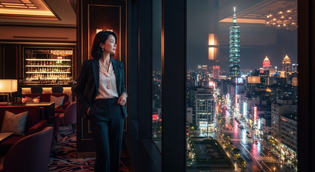 年輕新貴客群在夜色中的酒店經紀專業場景，工作專注與自我保護