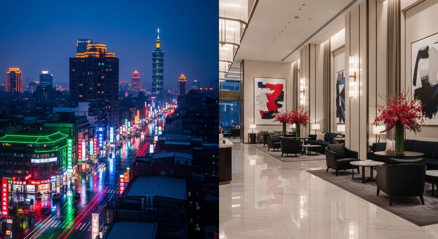 酒店記帳 App 主題的專業示意圖，夜景與商務氛圍