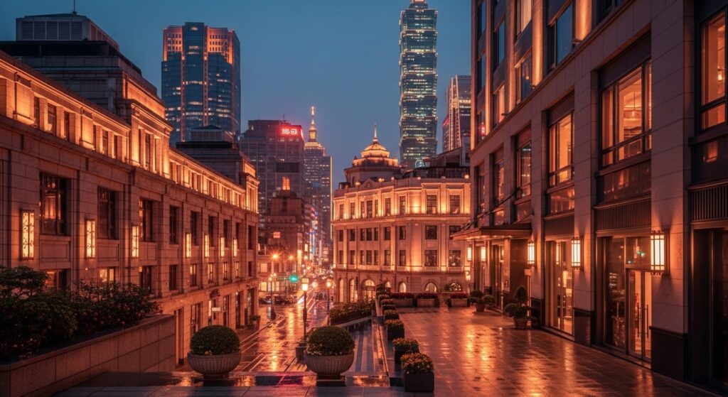 學生酒店職涯觀察：夜晚台北風光與專業女性形象（無個體識別）