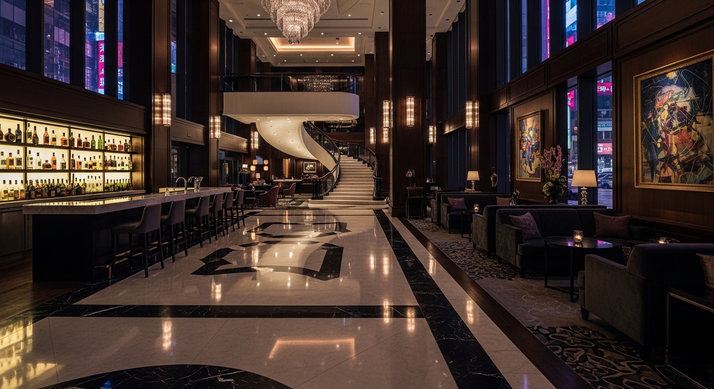 酒店班別與時段的客流與排班說明，夜生活城市景觀風格圖像