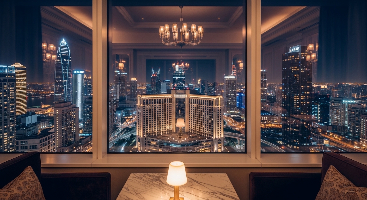 新竹酒店商務夜景風格的高質感視覺，呈現專業氛圍與夜生活元素