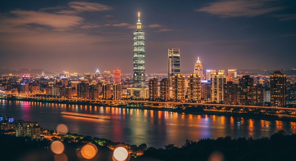 台灣酒店歷史與夜景的高端風格示意，夜間城市景觀