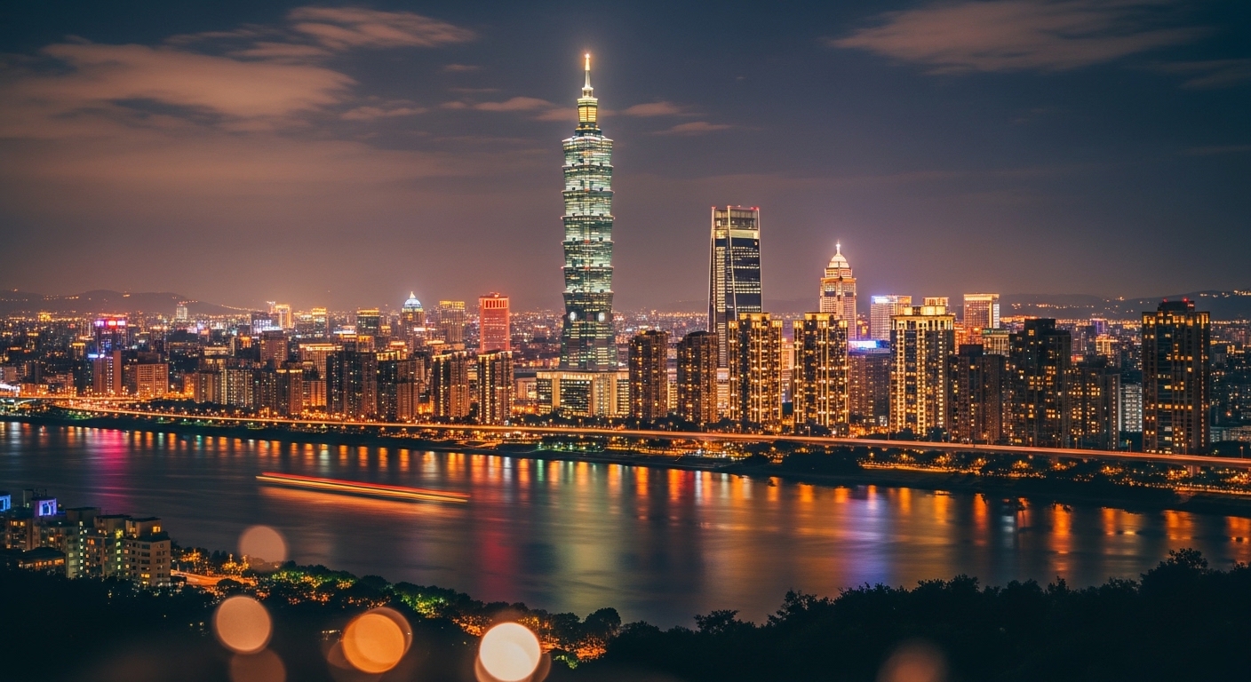 台灣酒店歷史與夜景的高端風格示意，夜間城市景觀