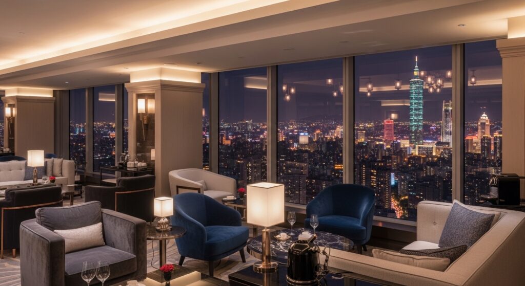 酒店送禮界線的專業觀察與禮儀示意圖，夜景氛圍