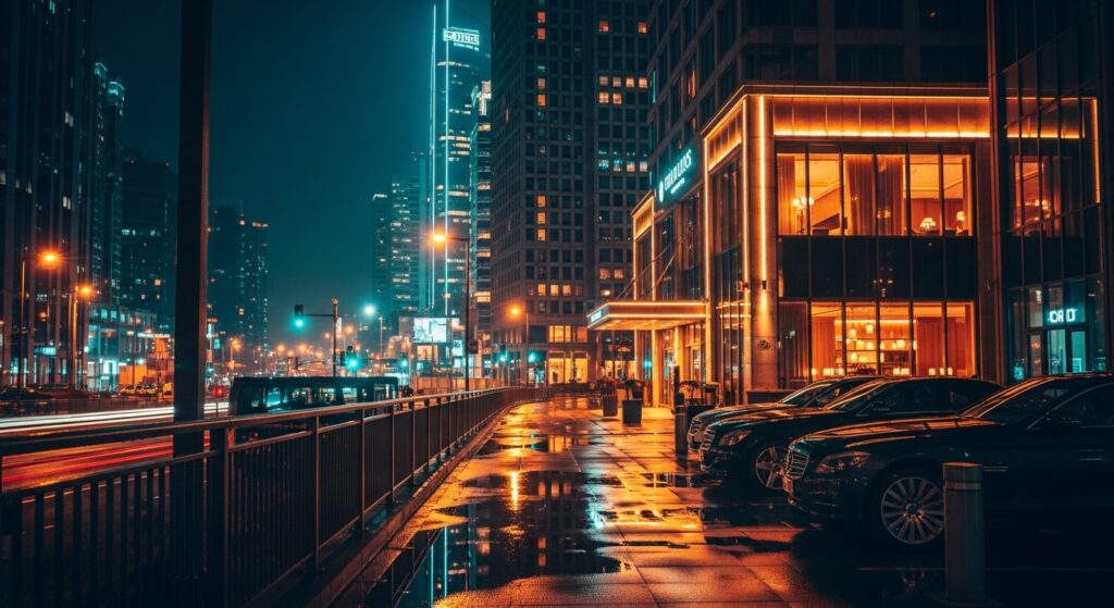 日本客人互動情境的專業酒店氛圍，夜景背景