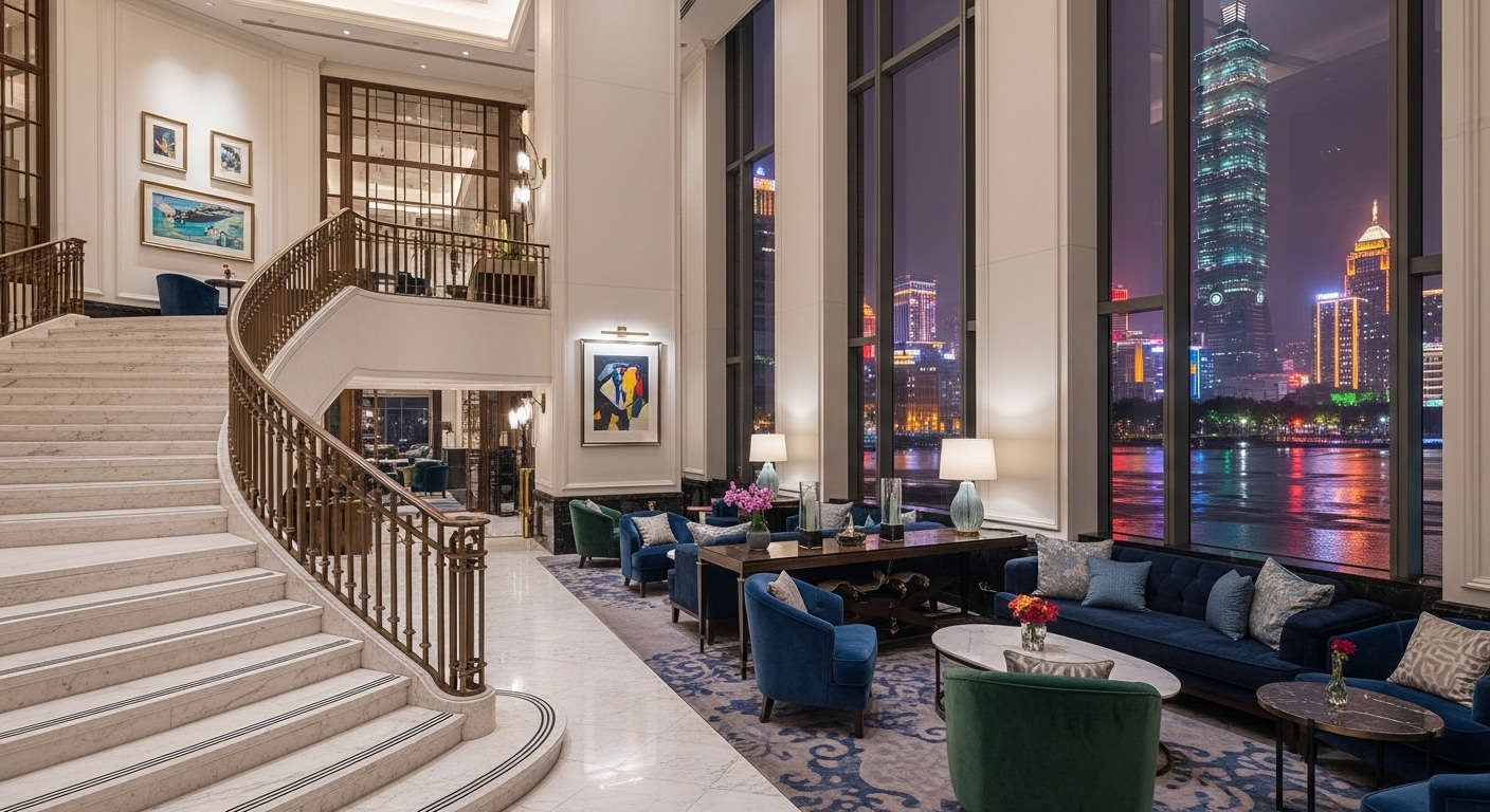 酒店薪水背景：夜幕下台北高端酒店區域的職涯場景示意