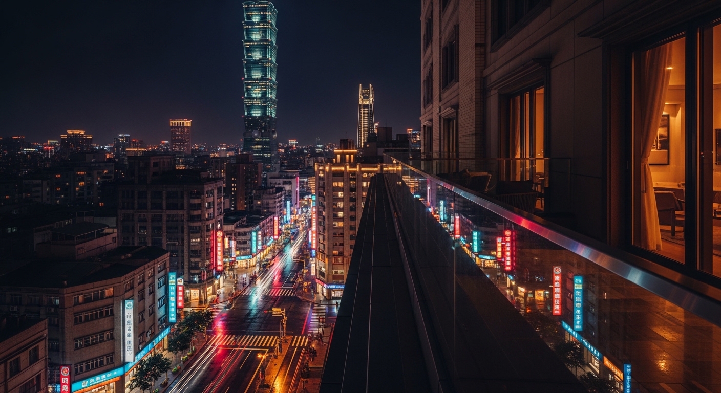 酒店低調轉職專案的示意圖：夜景中的專業女性與新職涯