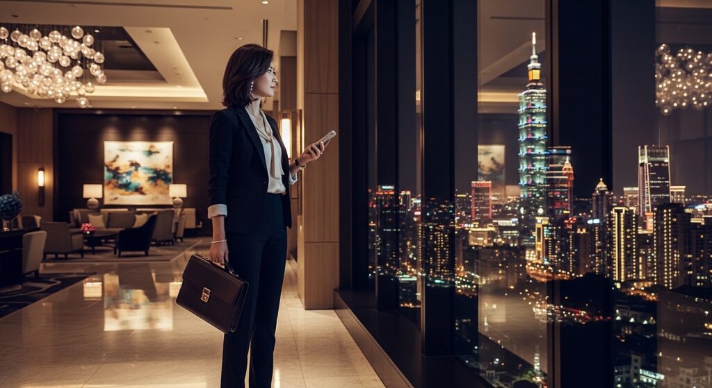 酒店送禮情境下的專業女性形象與氛圍，凸顯職場界線