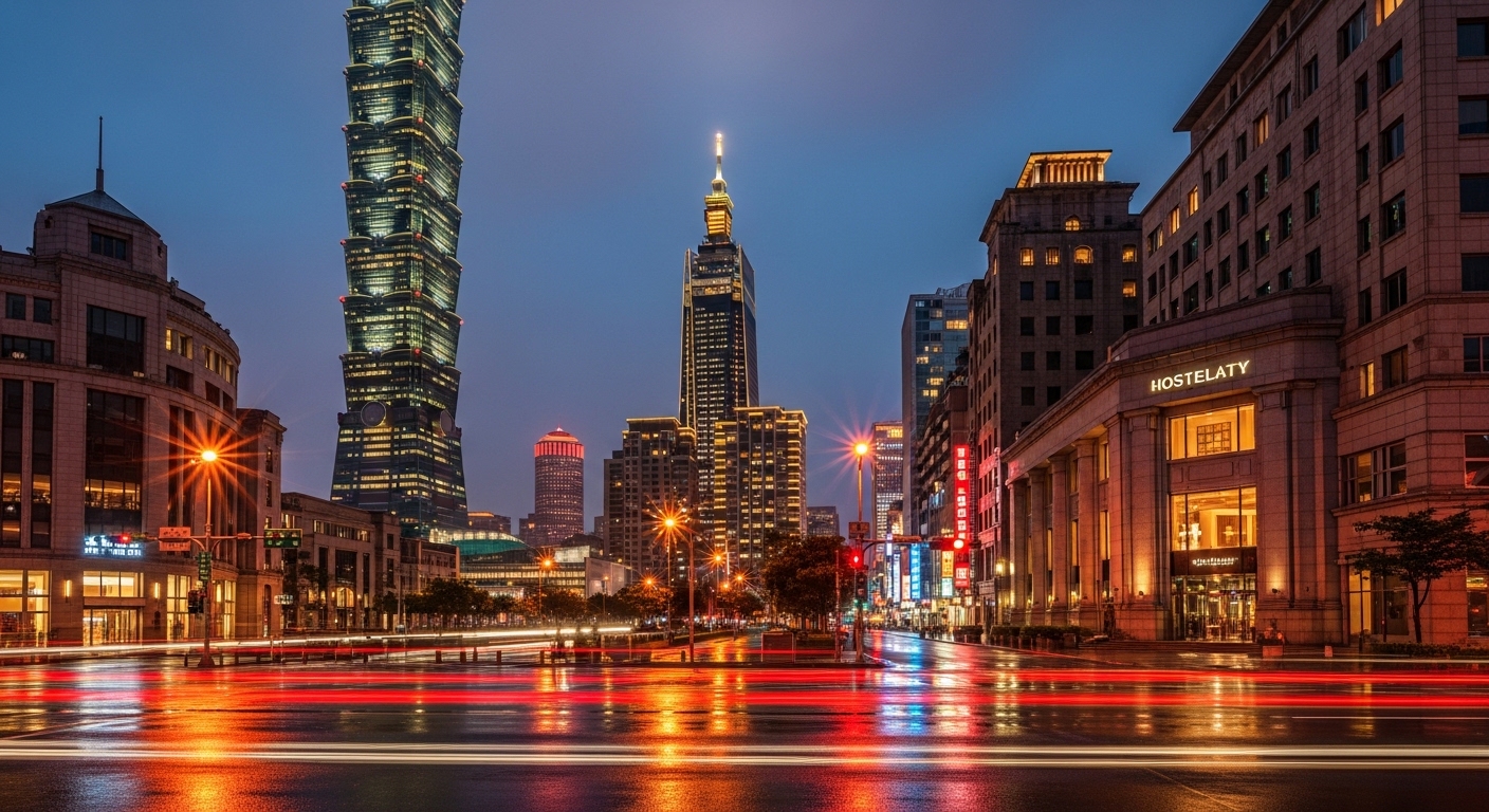 酒店經紀職場場景，夜晚台北城市景觀中的專業氛圍