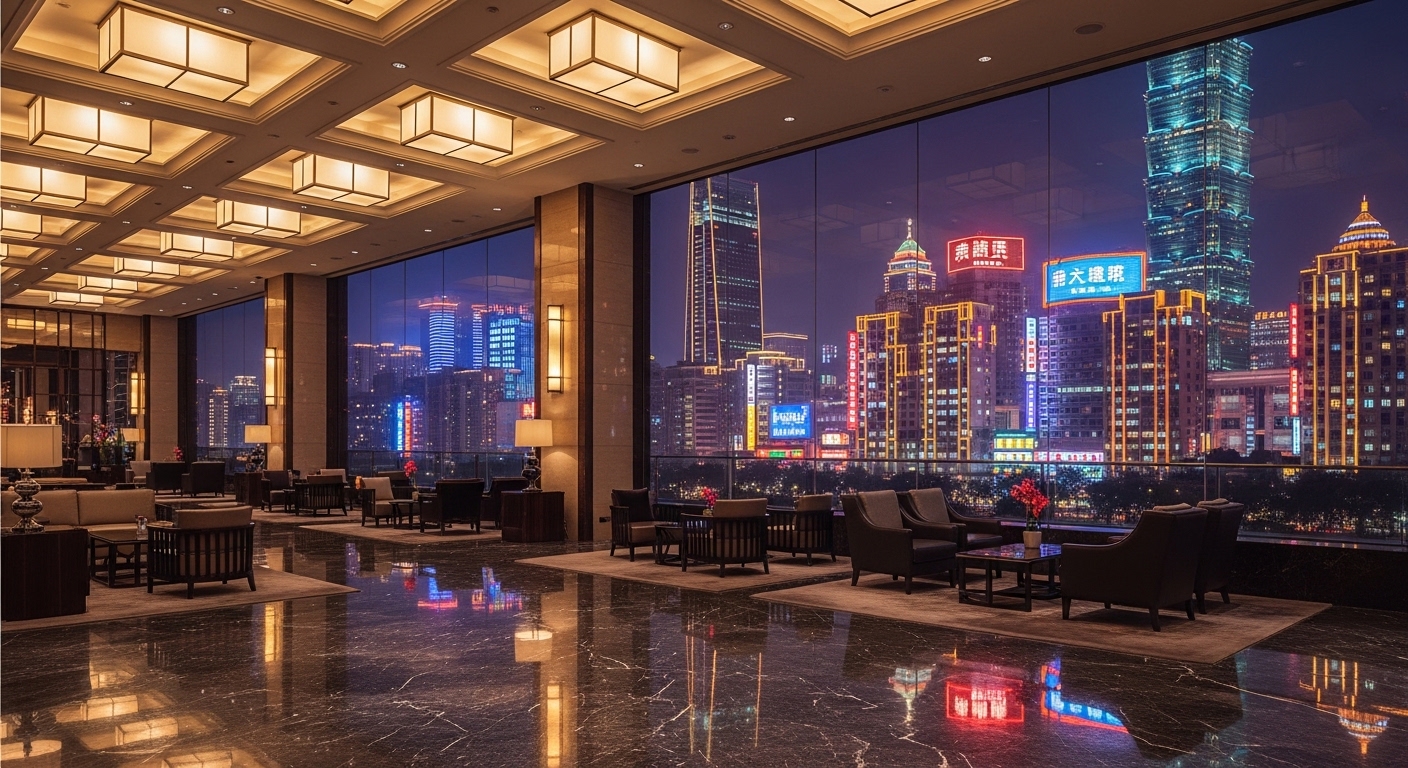 酒店銀行帳戶實務觀察與開戶要點示意圖，夜景與銀行元素結合