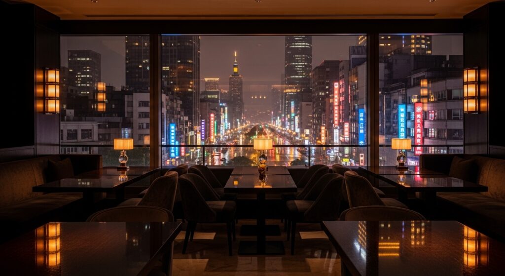 包廂流程在夜生活城市景觀中的專業與優雅場景，專注於流程與禮儀