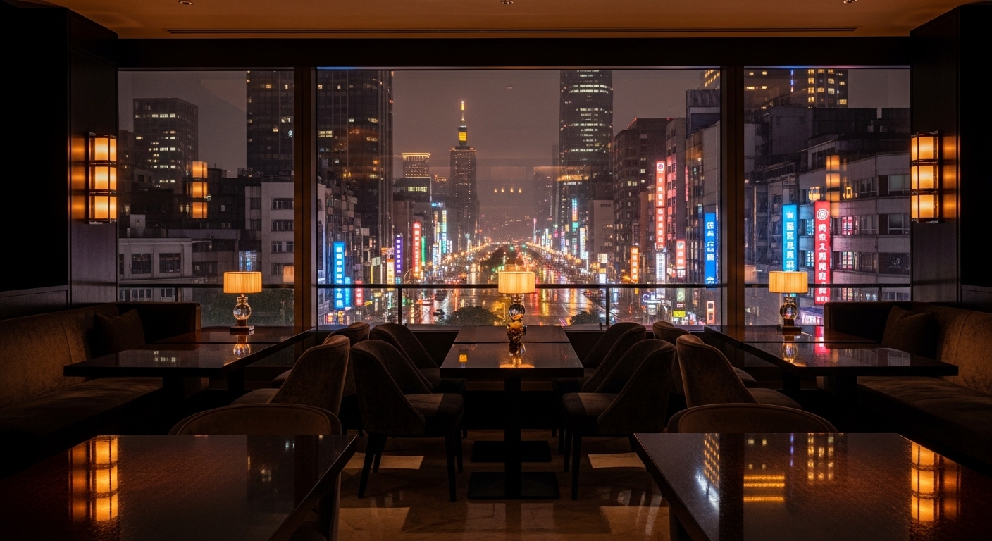 包廂流程在夜生活城市景觀中的專業與優雅場景，專注於流程與禮儀