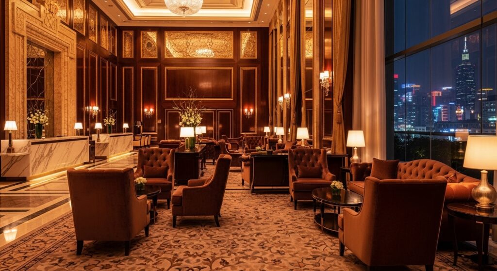 科技客戶在酒店場景中的專業觀察畫面，夜景大廳與高階設施