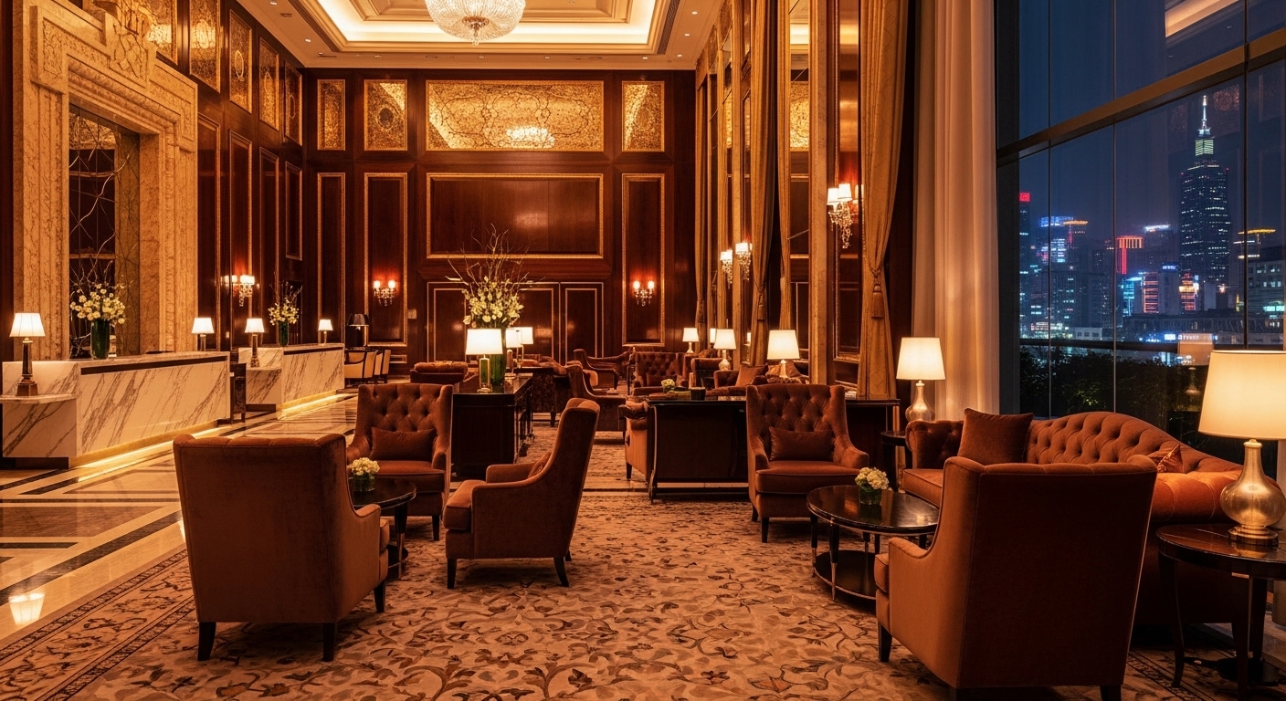 科技客戶在酒店場景中的專業觀察畫面，夜景大廳與高階設施