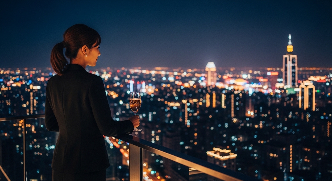 酒店退休金 主題的專業女性夜景與城市紋理