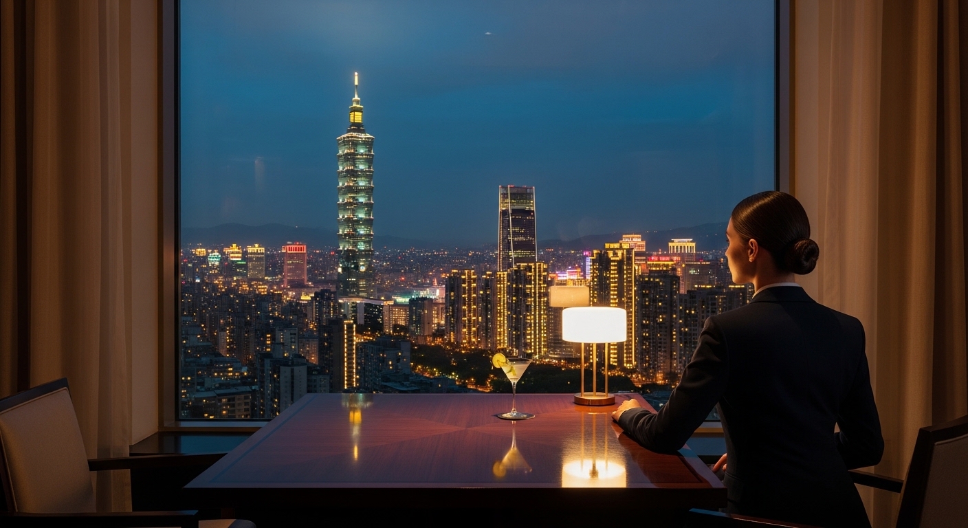 酒店保養 App 使用情境：夜間台北夜景與專業女性護膚場景