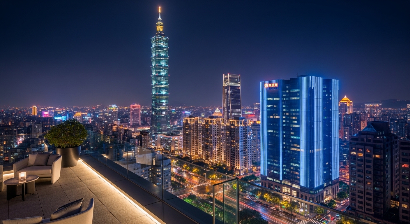 酒店經紀專業工作場景的夜景示意，夜間城市光影