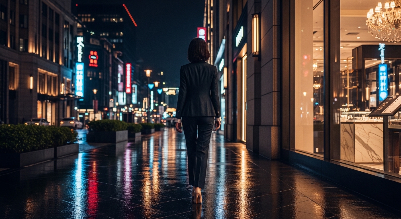 客服酒店背景的夜間城市景觀與專業女性形象，展現情緒勞動相關氛圍