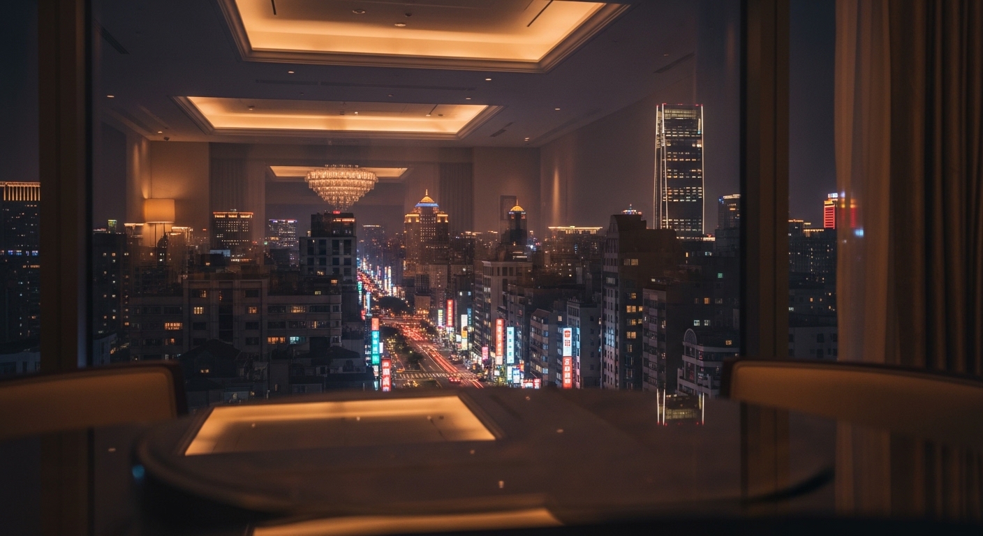 酒店 Notion 模板在夜間工作場景的專業寫實圖像