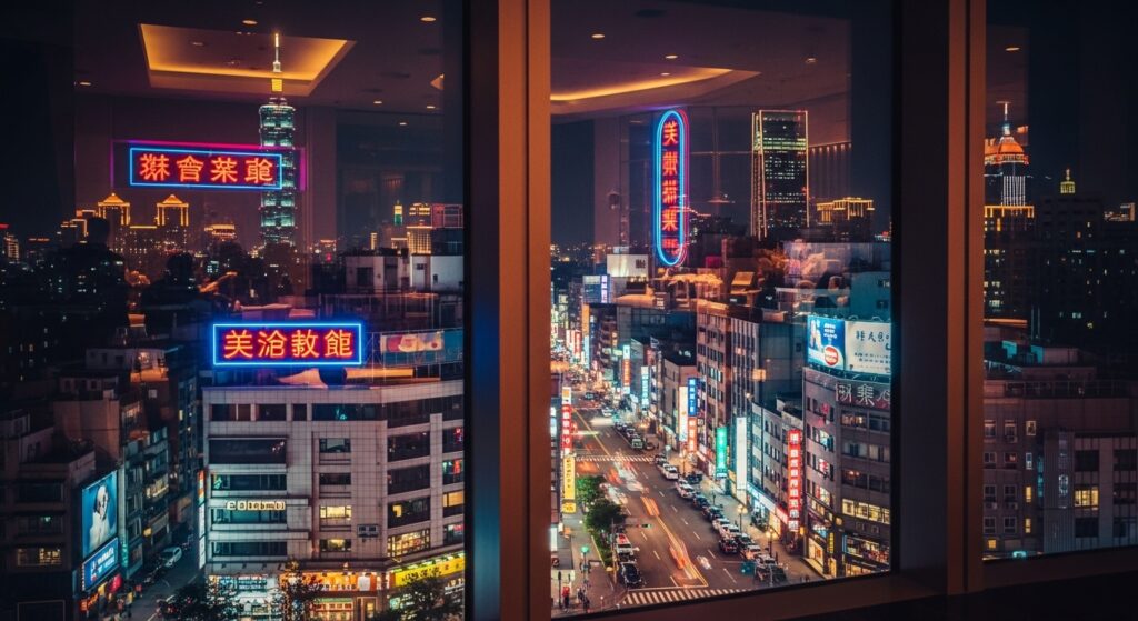 日本酒店日台比較夜景示意：銀座與林森北路風格對照