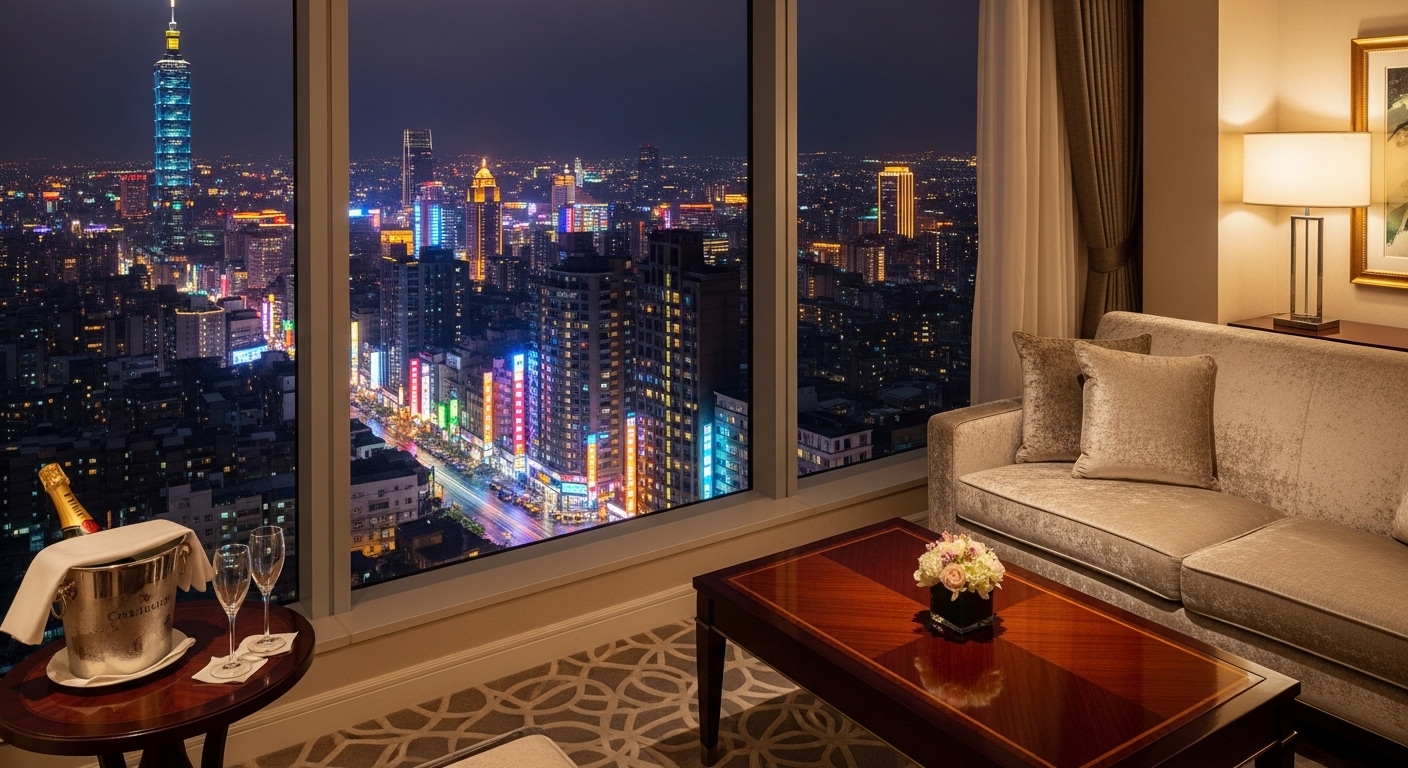 歐美客人互動情境：高端酒店經紀專業場景，唯美夜景背景