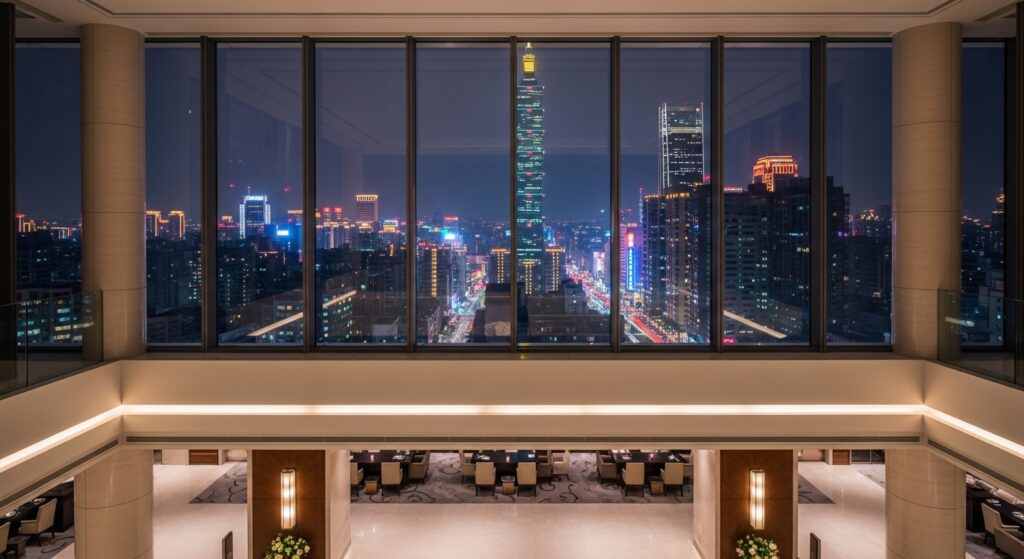 酒店保險主題的夜晚台北風景與經紀風格示意