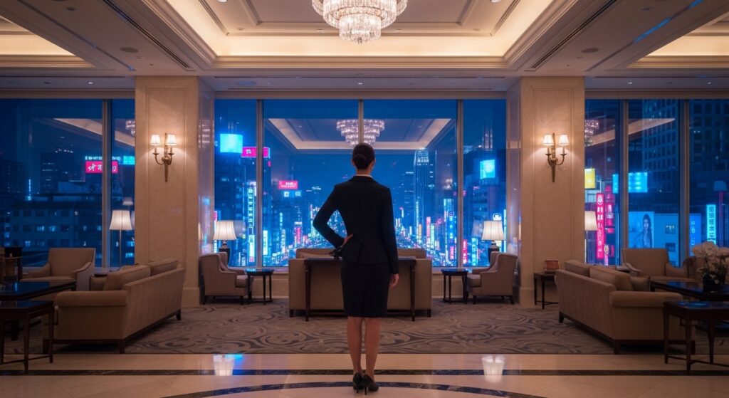 經紀人跑路主題的專業形象，夜景與商務女性剪影