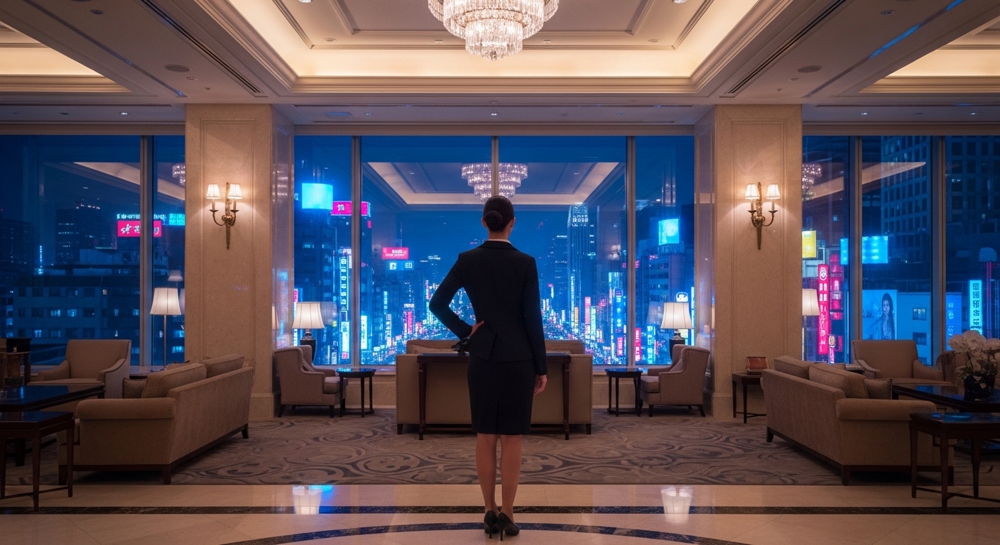 經紀人跑路主題的專業形象，夜景與商務女性剪影