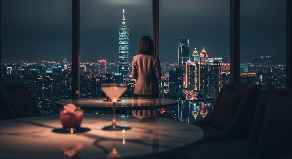 假日酒店工作場景的專業女性形象，夜晚臺北城景與燈光
