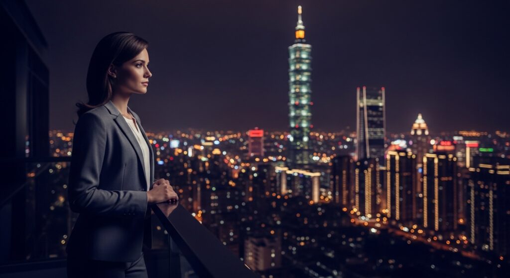 夜間都會景觀中的酒店 PT 專業形象，女性經紀人展現專業風貌