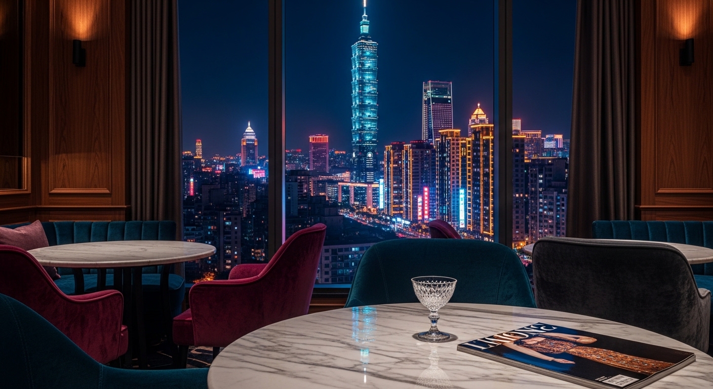 酒店經紀職涯成長，夜間台北都會風格圖像，主關鍵字：酒店經紀