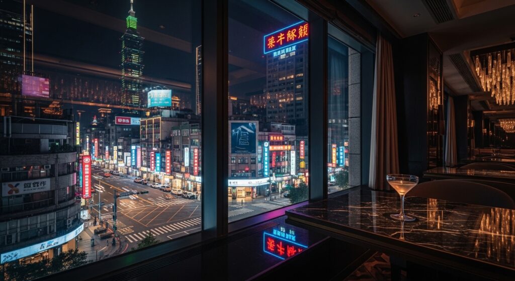 台灣酒店歷史與夜生活景觀的台北夜景示意，主關鍵字包含酒店歷史