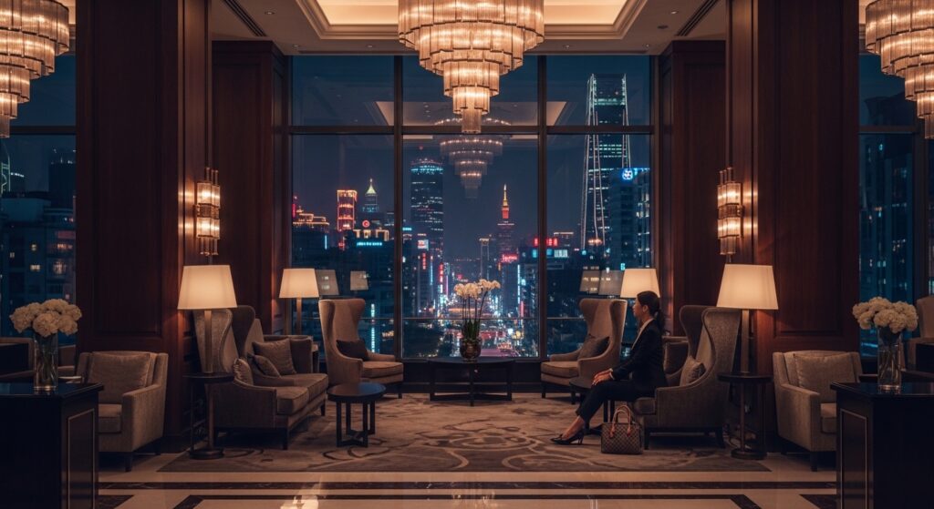 酒店寵物工作與時間管理的專業女性示意圖，夜班情境平衡設計