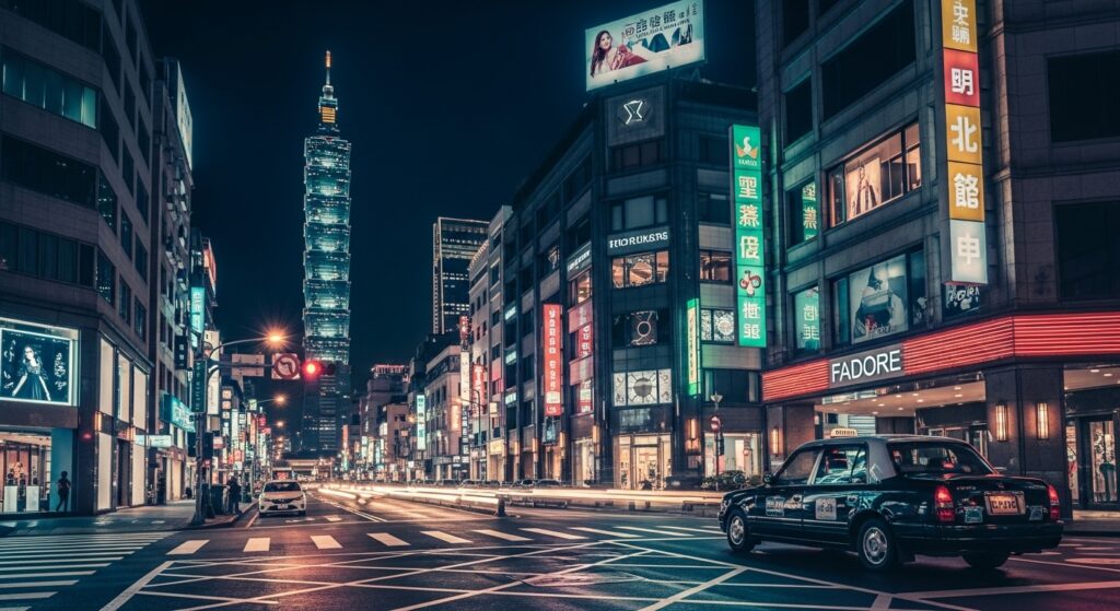 中和酒店工作場域夜景概念圖，夜晚霓虹映照的專業氛圍