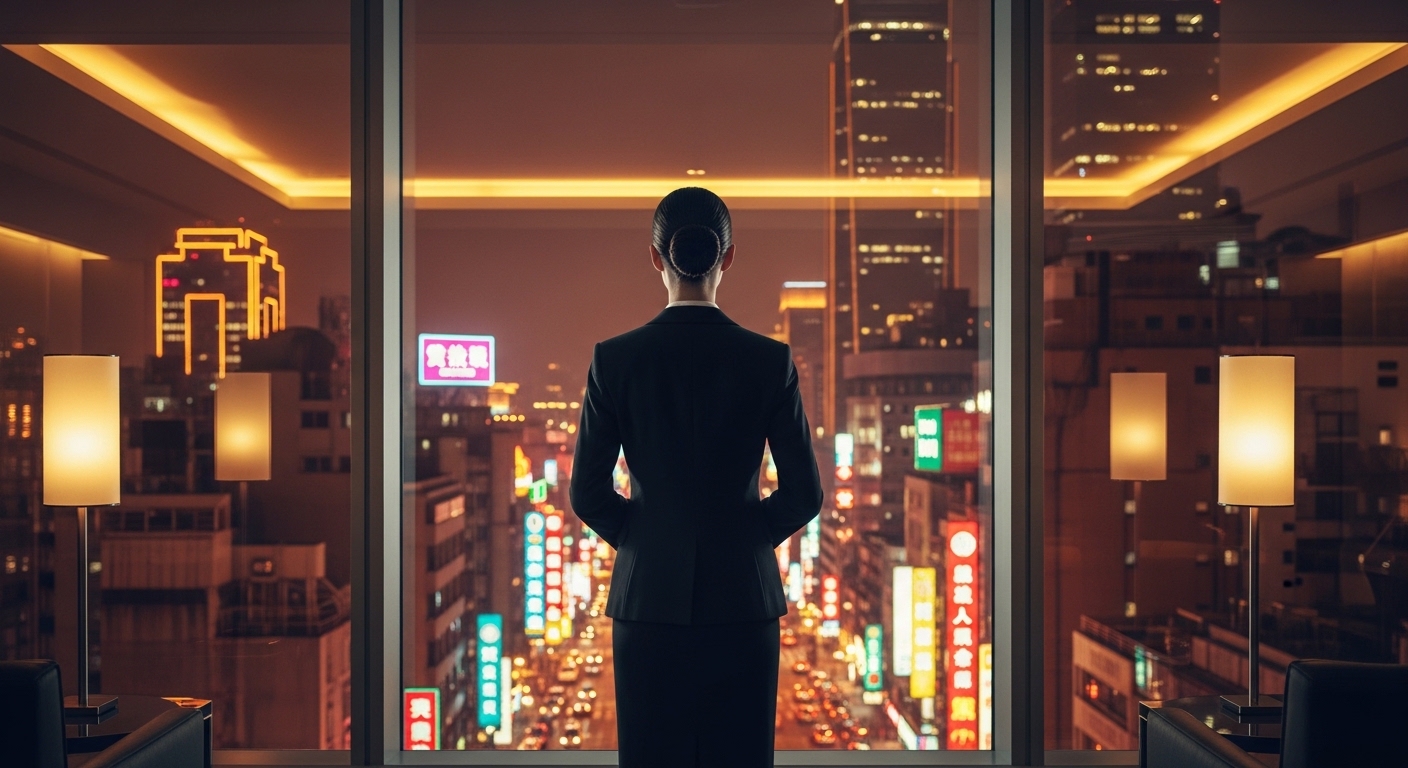 金融客戶在夜間商務會議場域的專業合作情境，夜景與商務氛圍