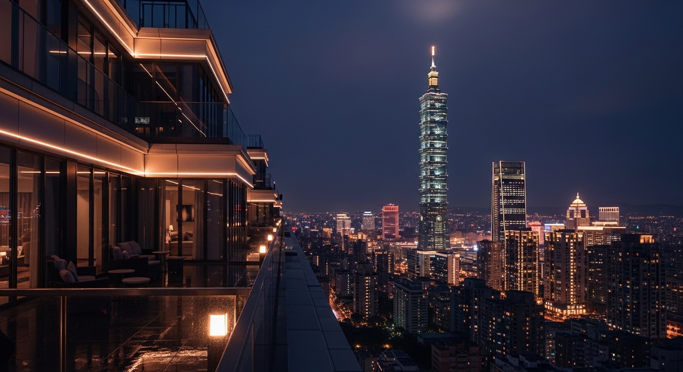 唯美酒店經紀產業解說圖，夜景與專業風格並置