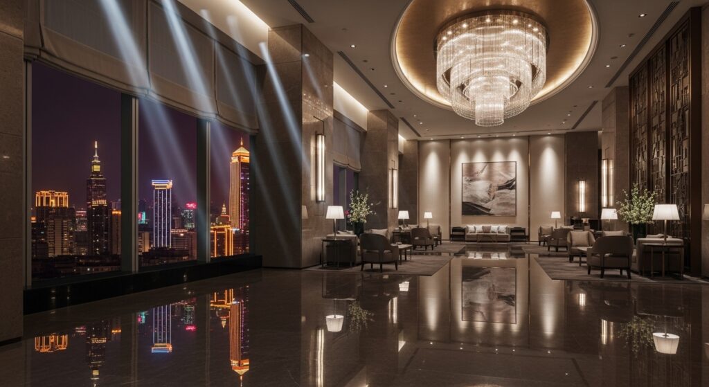 兼職酒店工作者在夜間城市景觀中的專業形象