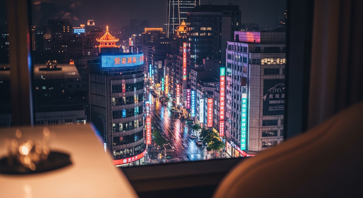 酒店經紀產業入門示意圖：夜晚台北的專業與風格氛圍