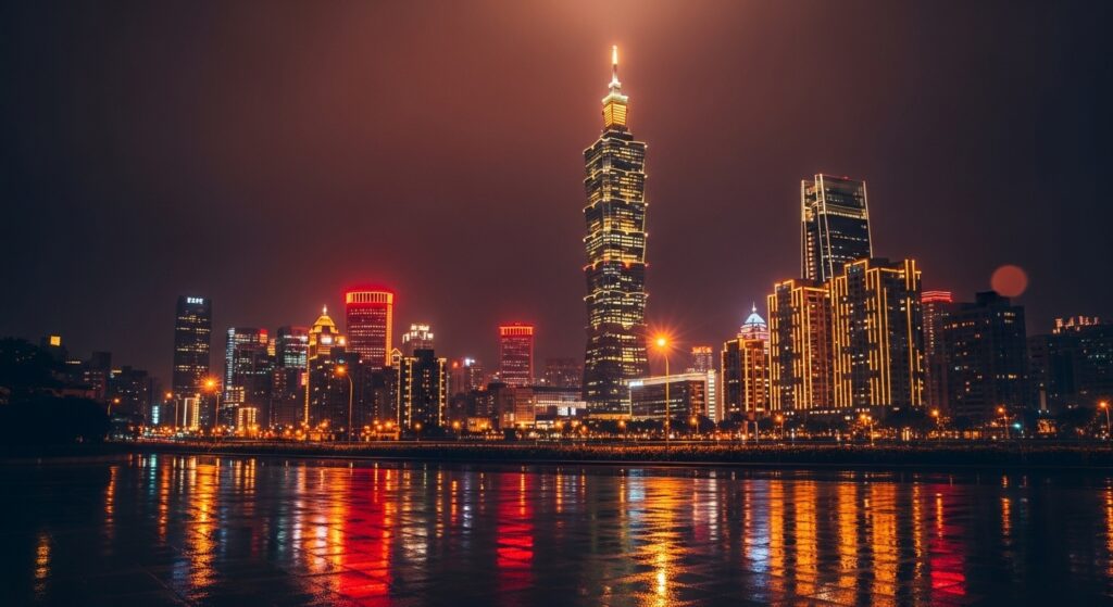 夜間台北城市景觀，聚焦酒店退休金與女性職涯成長的意象