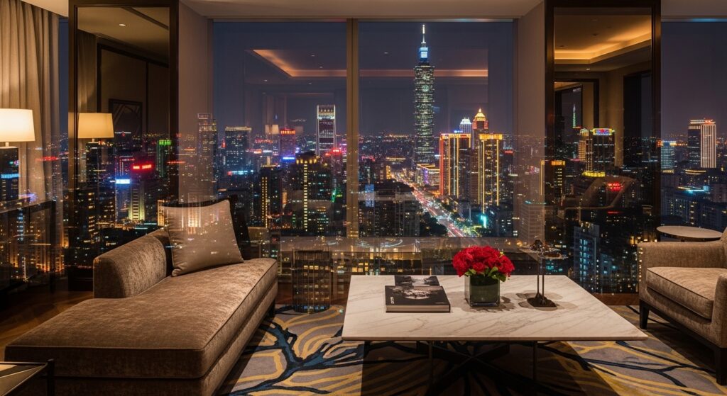 客人生日議題的唯美酒店經紀場景，夜景與時尚風格