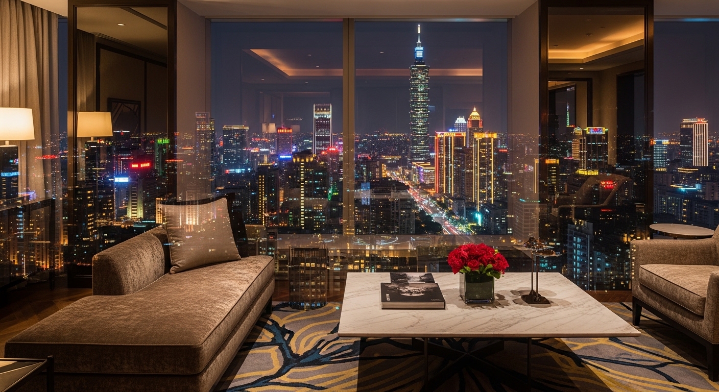 客人生日議題的唯美酒店經紀場景，夜景與時尚風格