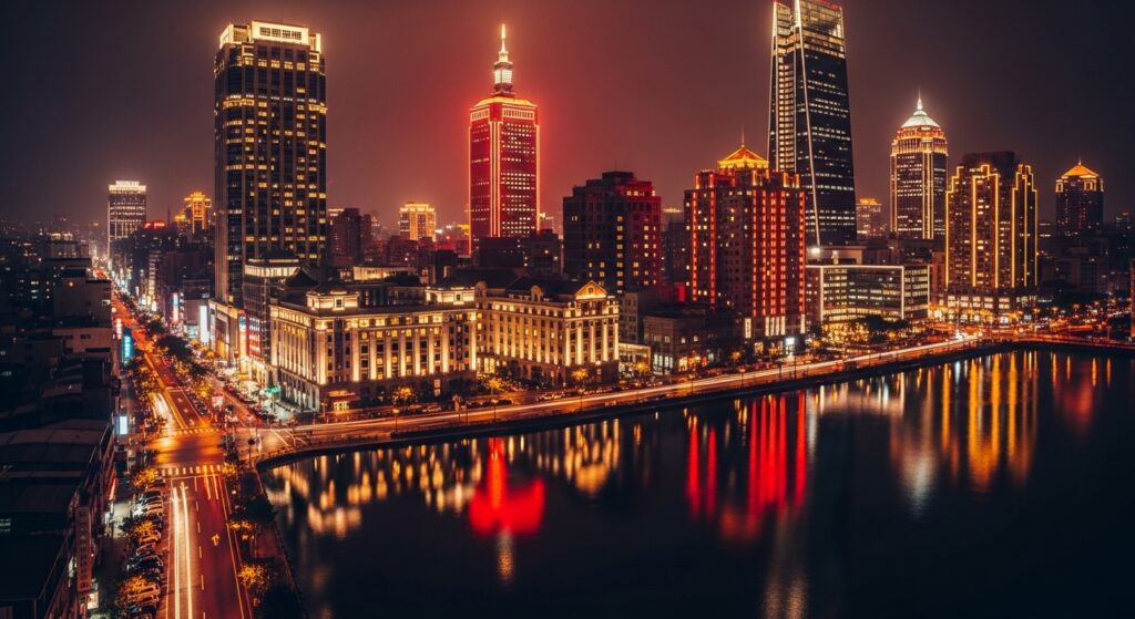 演藝圈客人相關情境的夜間城市景觀，唯美酒店經紀專業風格