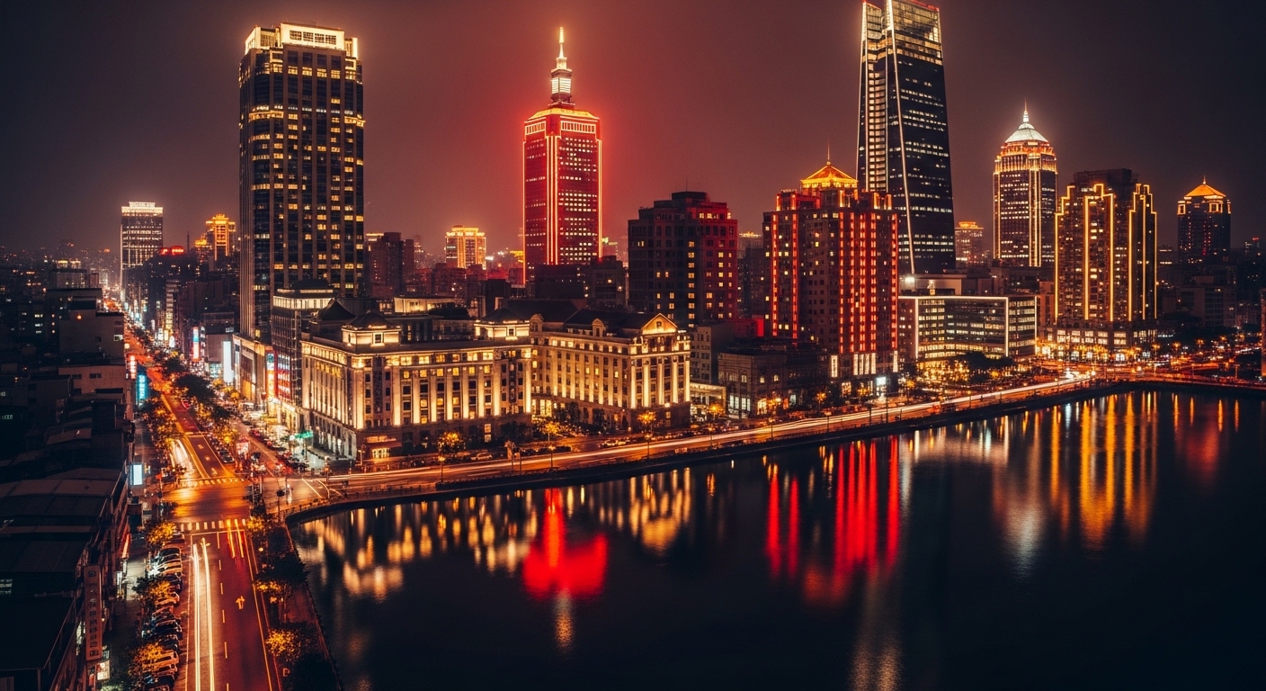 演藝圈客人相關情境的夜間城市景觀，唯美酒店經紀專業風格