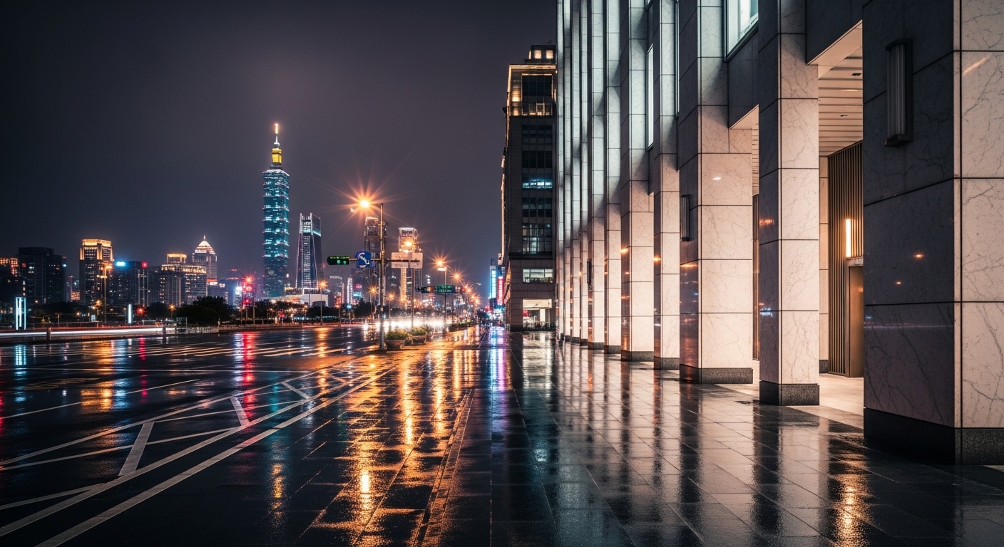 酒店外幣策略的專業形象，夜景與金融氛圍