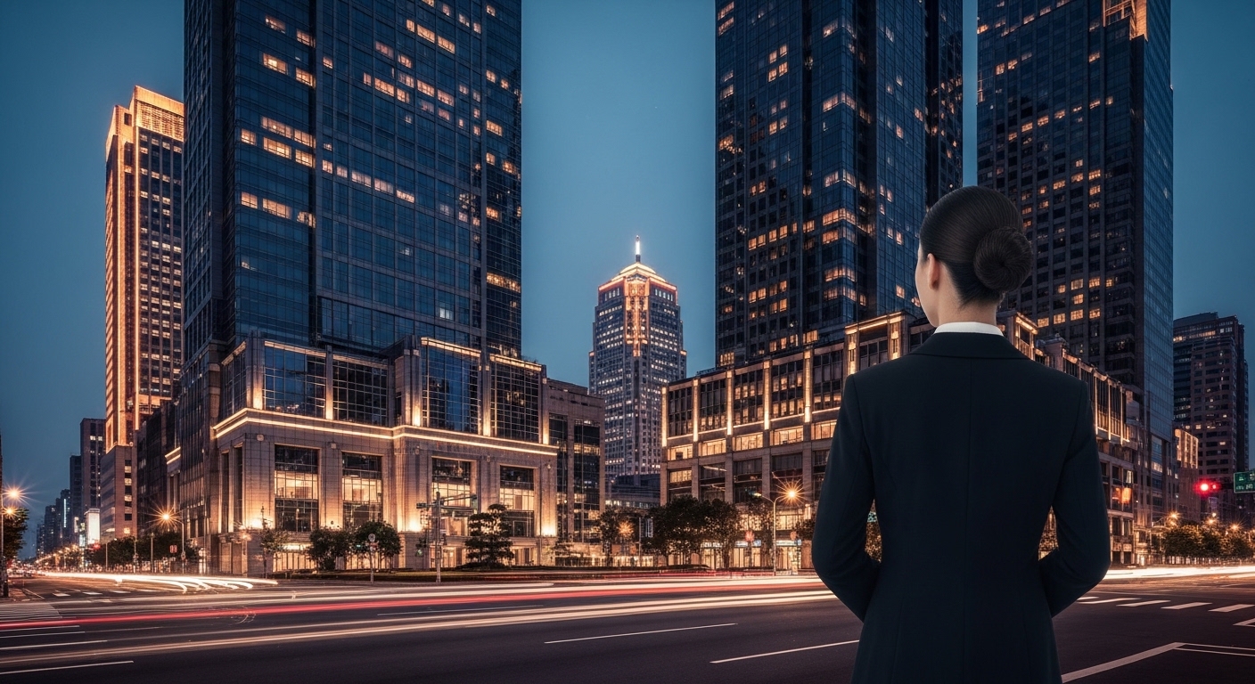 酒店經紀新手職涯觀察示意圖，夜晚台北城市與高級酒店區域