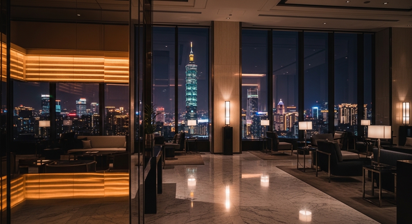 酒店經紀專業形象：夜晚台北城市與高檔大廳氛圍
