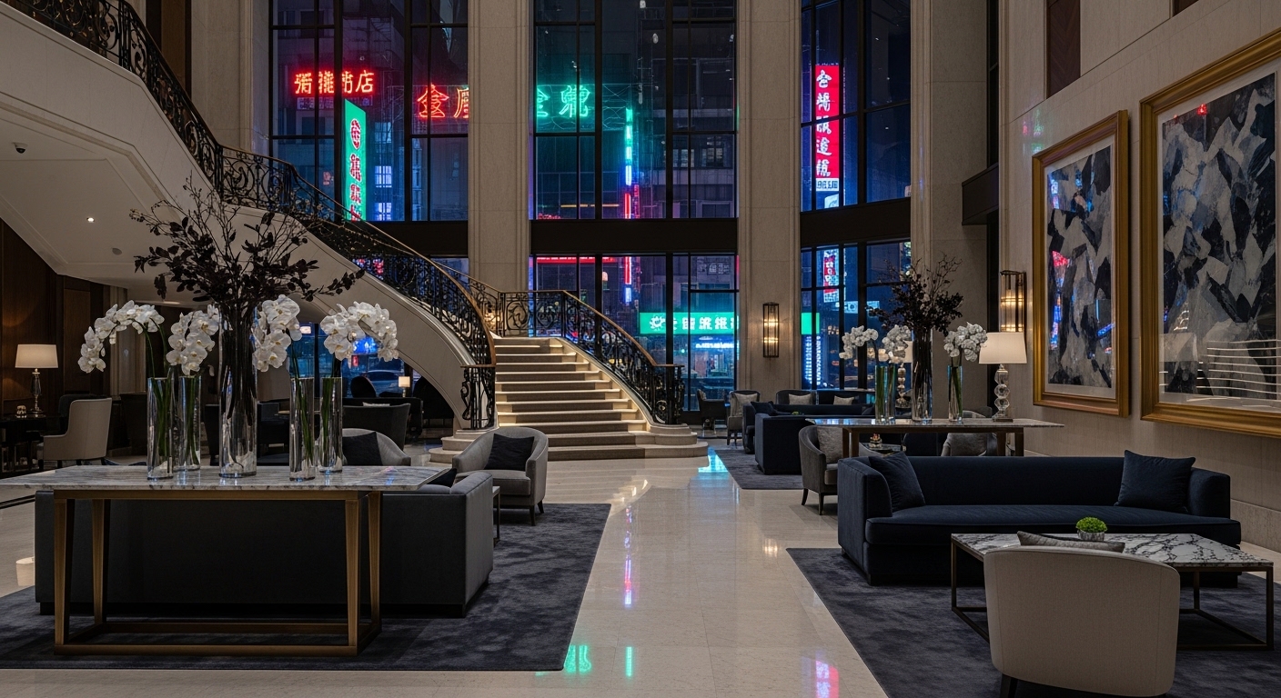 律師酒店場域的專業互動氛圍，夜間城市風格